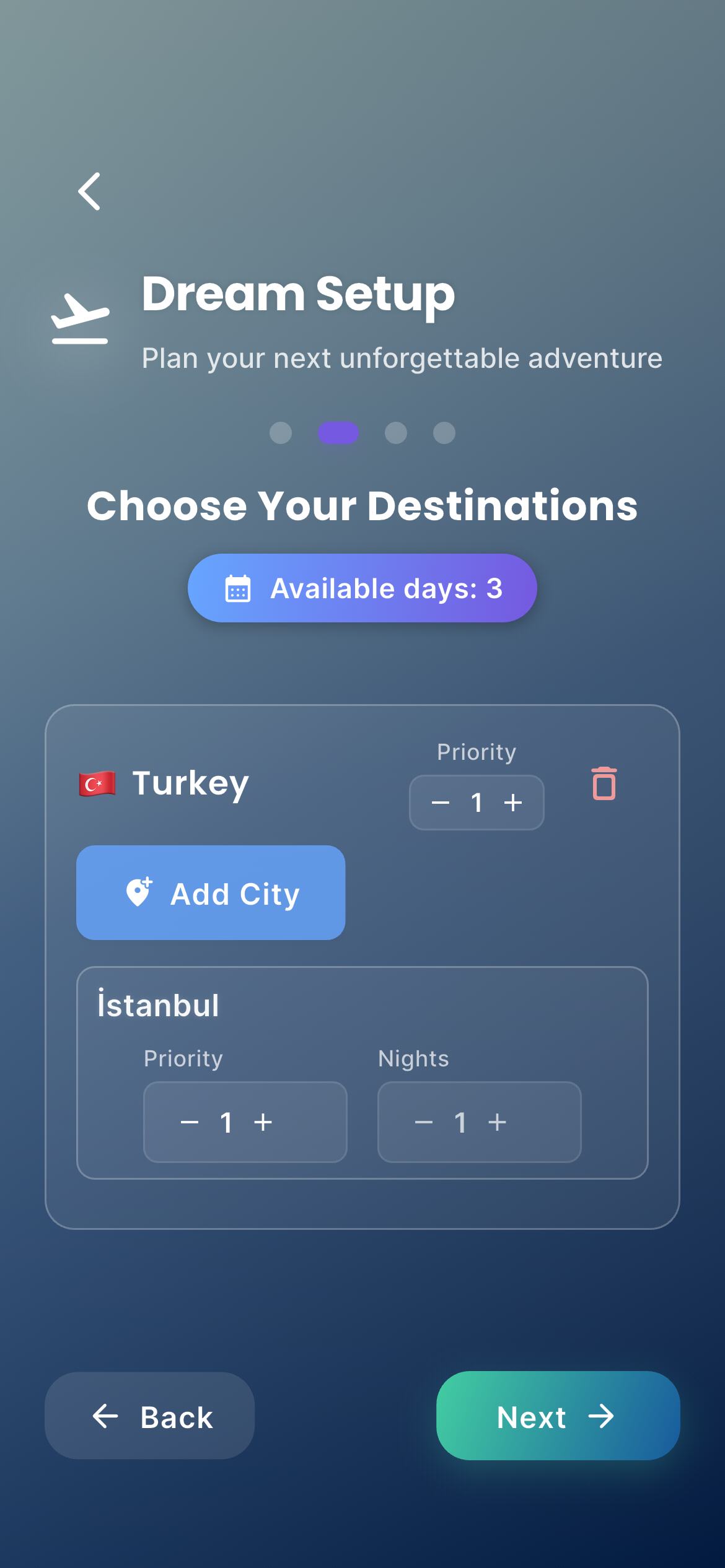 Nomado ülke ve şehir seçimi ekranı