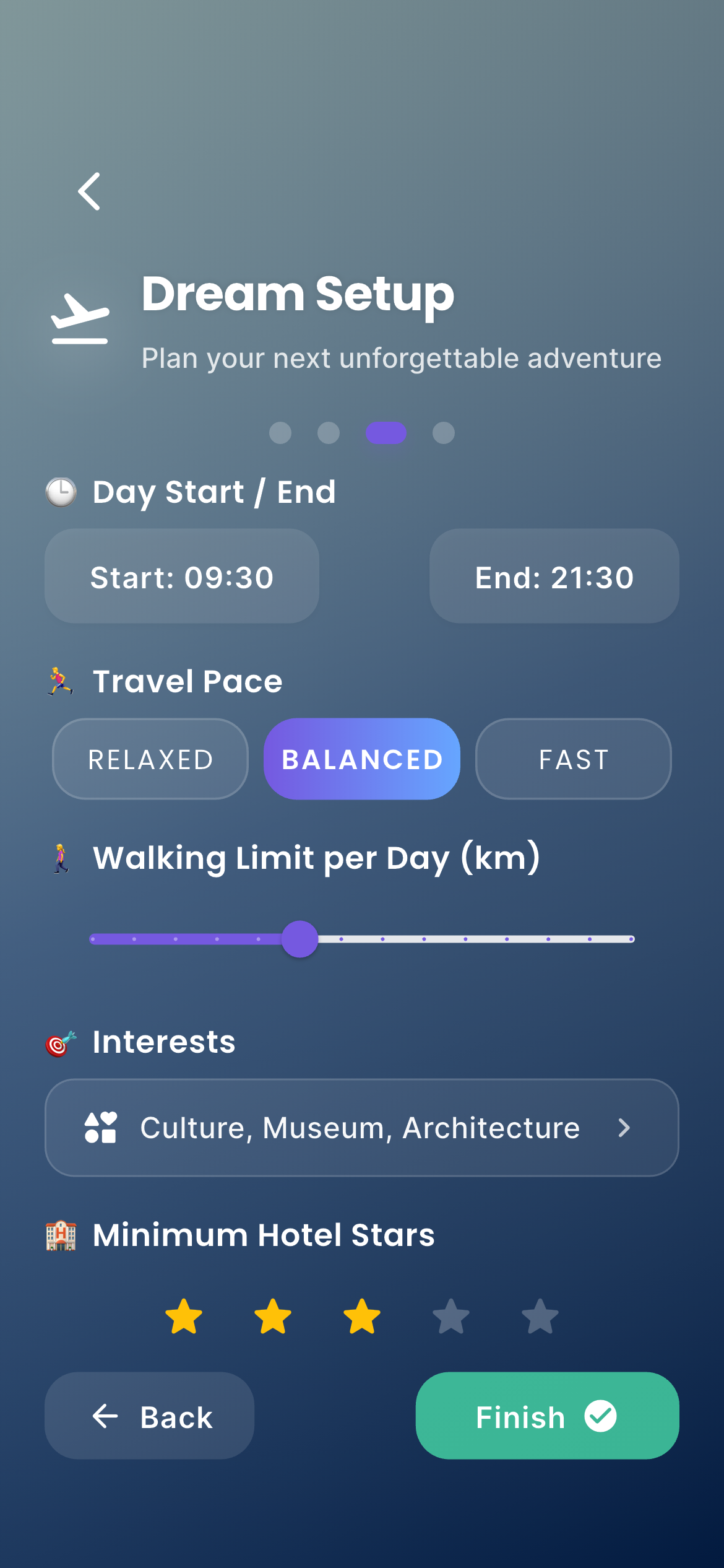 Nomado seyahat tercihlerini özelleştirme ekranı